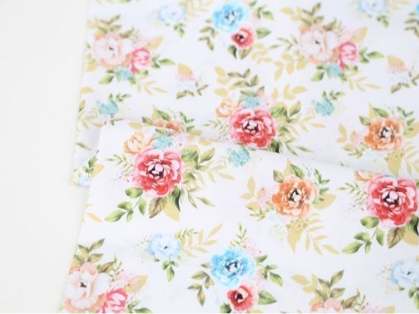 Vintage Güllü Doğal Pamuk Kumaş -Kırık Beyaz- (yarım metre)